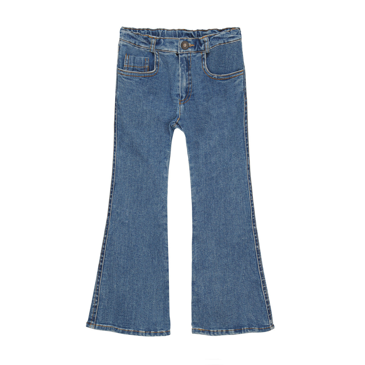 Little Hedonist 5-pocket flared pants in Light Blue Denim, slim fit thighs, for boys and girls. Made from the softest organic fabric. Sustainable unisex kids clothing.