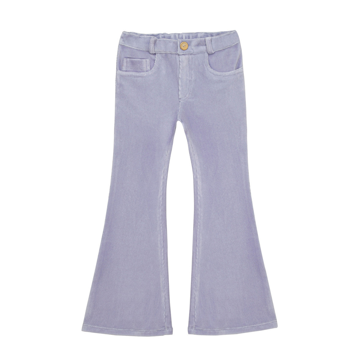 Little Hedonist 5-pocket flared pants in Lavender Frost, slim fit thighs, for boys and girls. Made from the softest organic fabric. Sustainable unisex kids clothing.