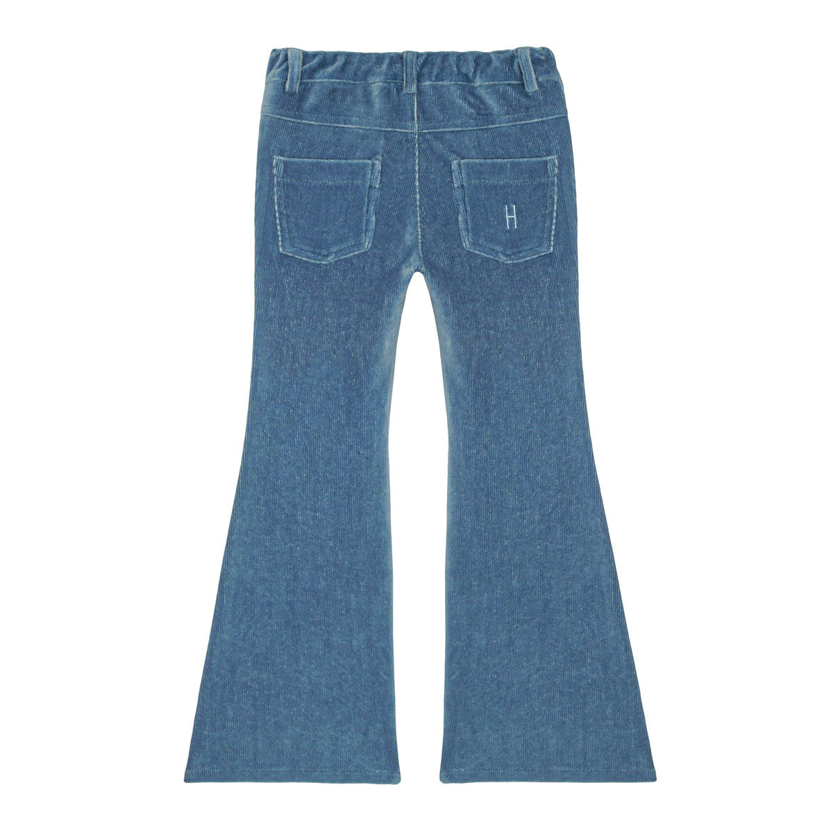 Little Hedonist 5-pocket flared pants in Blue Shadow, slim fit thighs, for boys and girls. Made from the softest organic fabric. Sustainable unisex kids clothing.