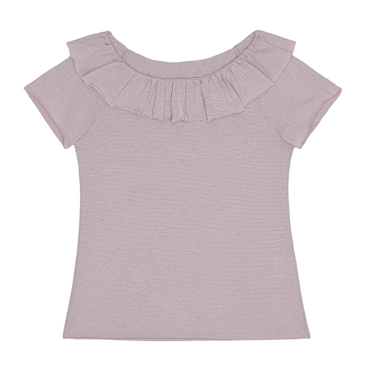 Little Hedonist light purple organic cotton short sleeve shirt with a ruffled neck.