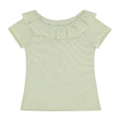 Little Hedonist light green organic cotton short sleeve shirt with a ruffled neck.