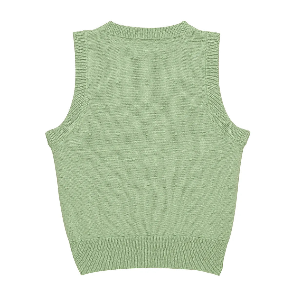 Little Hedonist green organic cotton sleeveless knitted sweater. The popcorn knit gives the style a little extra that dresses your child up for any occasion! Wear over a top or on its own. We use recycled materials.