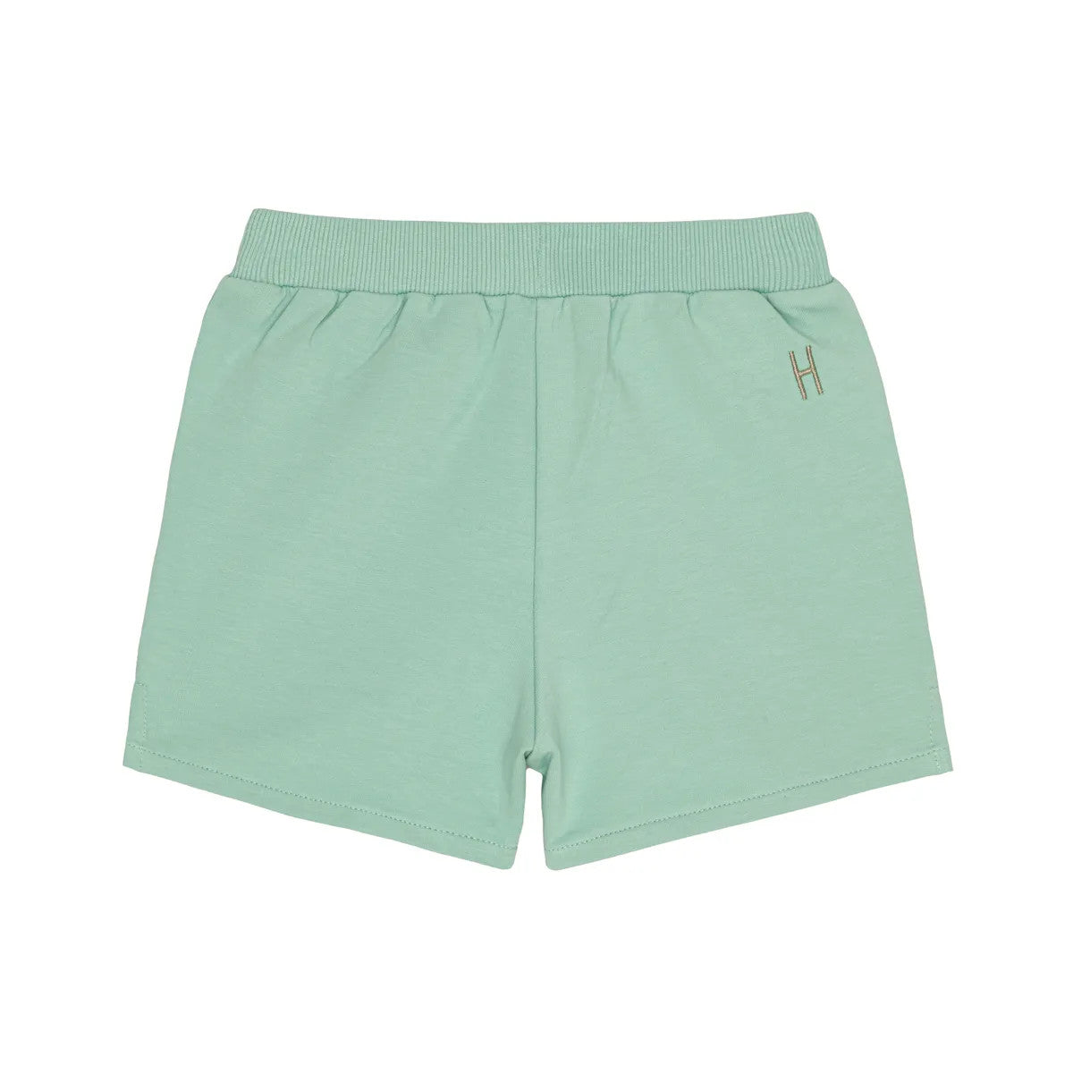 Little Hedonist organic cotton shorts with side pockets and splits for boys and girls in Neptune Green