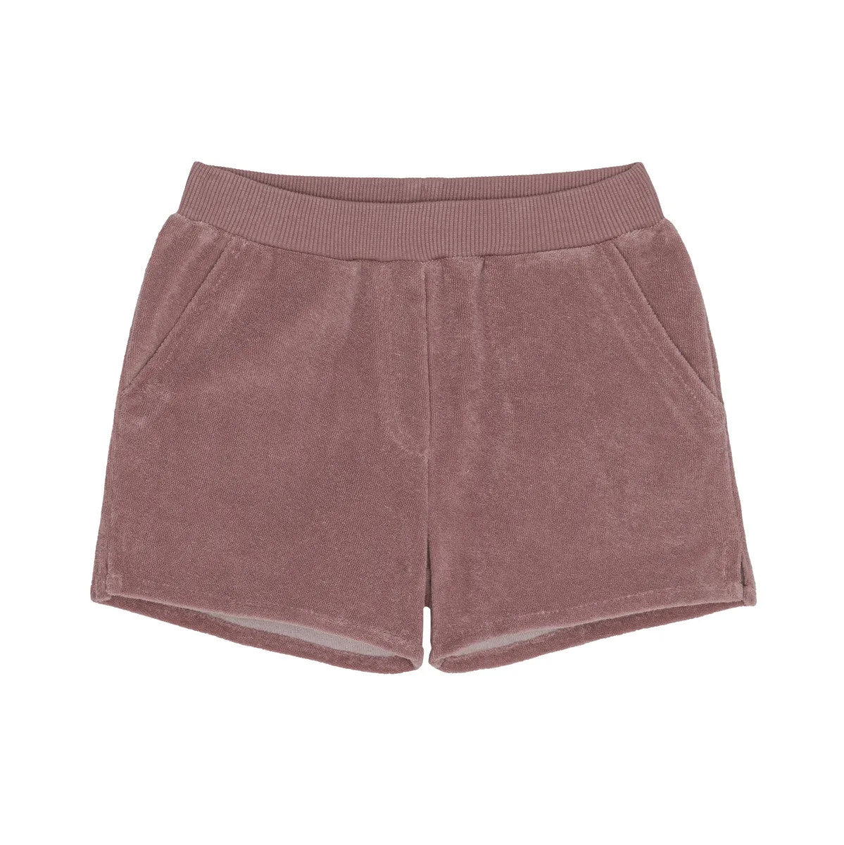 Little Hedonist organic cotton shorts with side pockets and splits for boys and girls in thick Whitered Rose