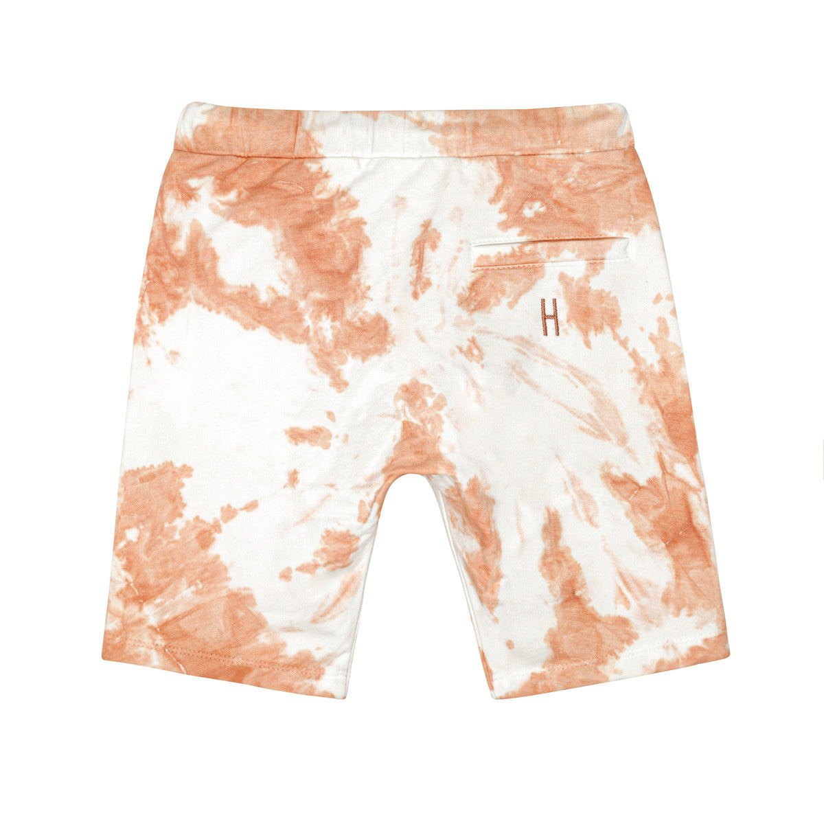 Little Hedonist super comfy organic surfer shorts in Tie Dye Orange made from our softest organic cotton. Sustainable kids clothing for boys and girls.