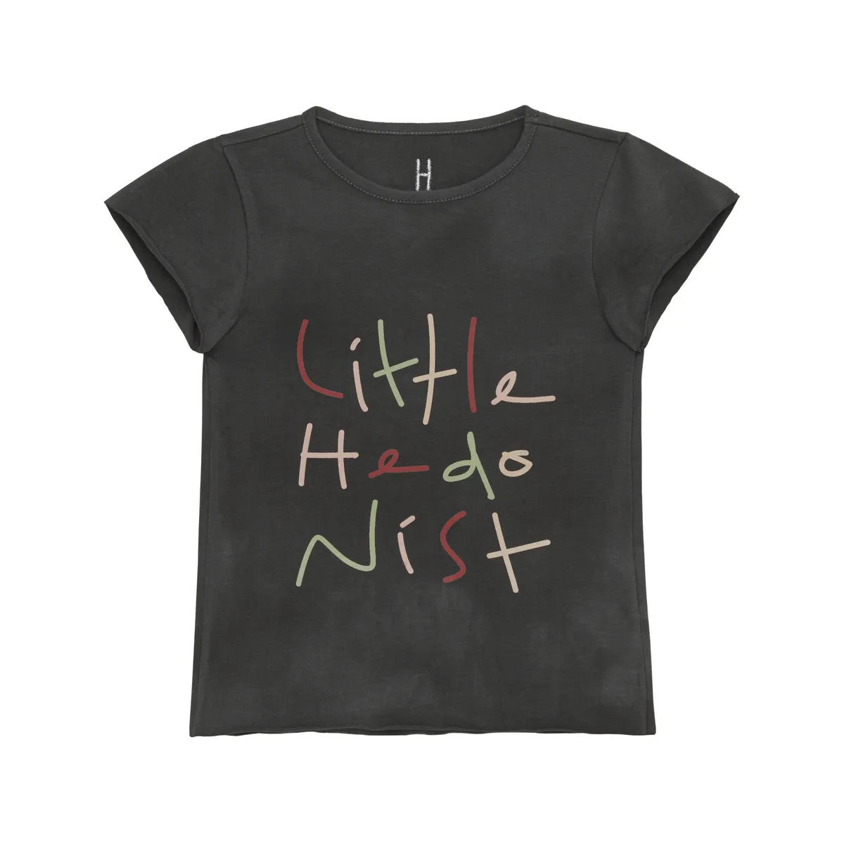 Little Hedonist unisex organic cotton t-shirt in dark grey with Little Hedonist print on the front