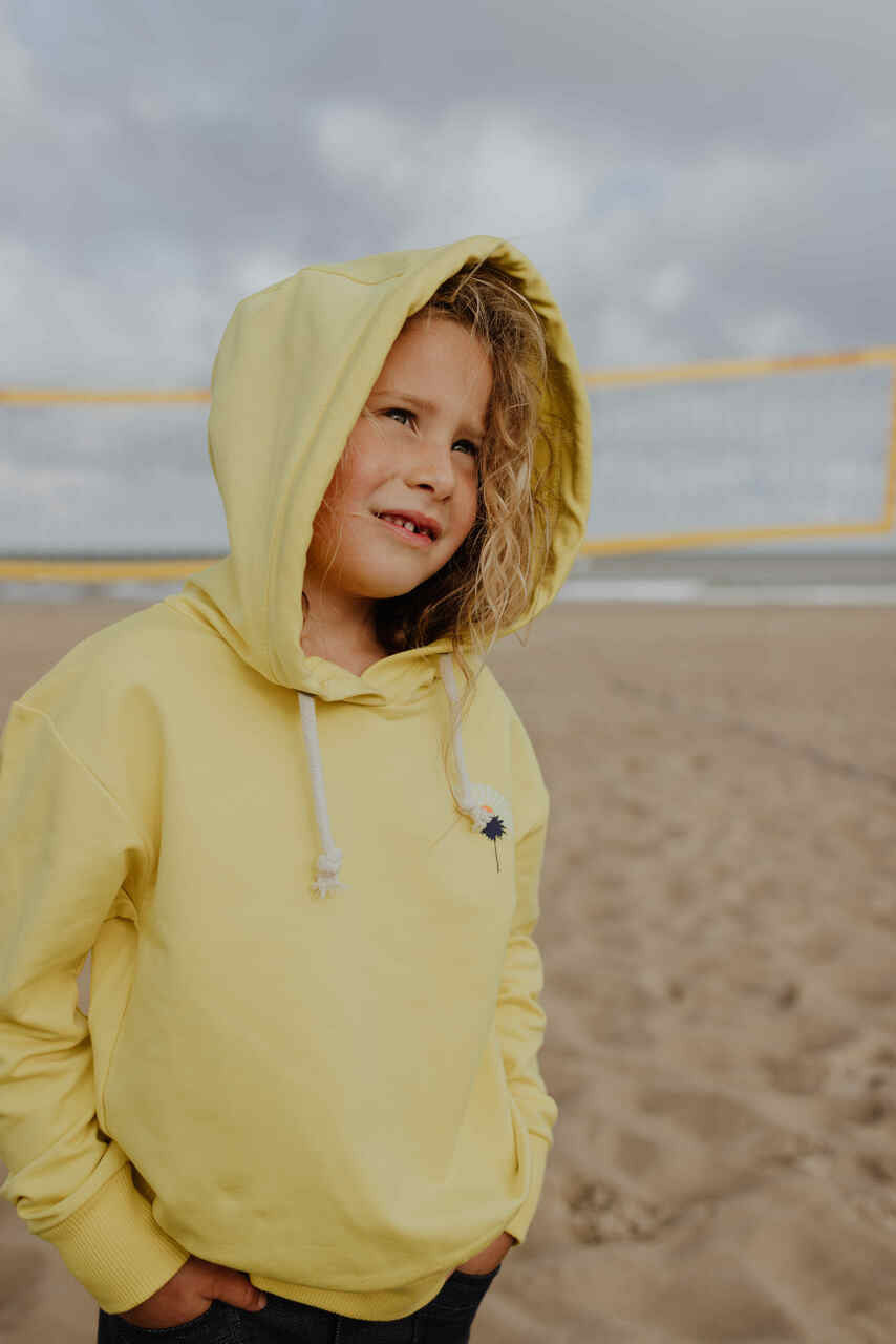 Re-invented signature Little Hedonist hoodie in blazing yellow for girls. Sustainable kids clothing made from organic cotton.