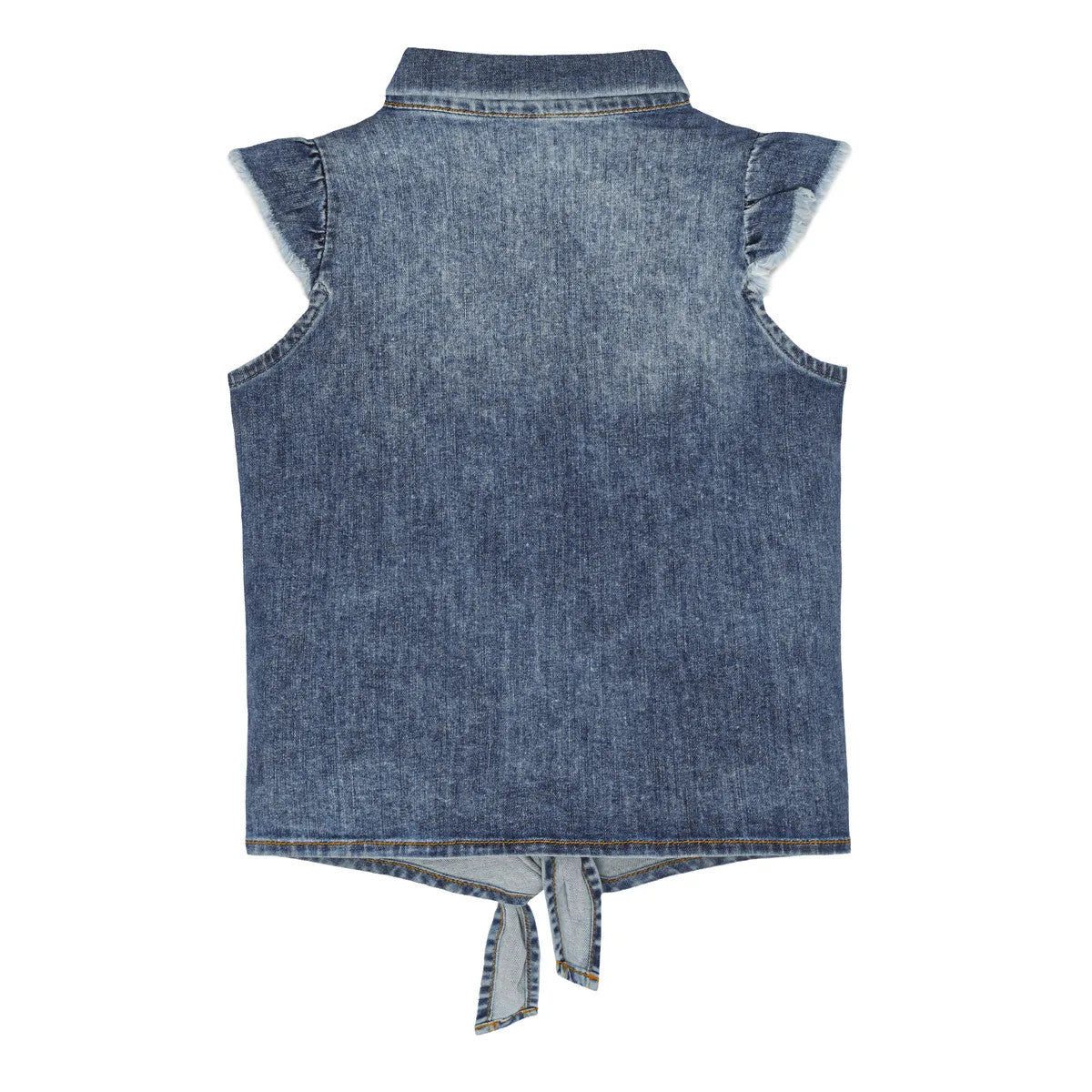 Little Hedonist denim with bleached stains knotted sleeveless shirt with bleached stains. Sustainable kids fashion made from our best organic cotton denim. Superfashion for girls!
