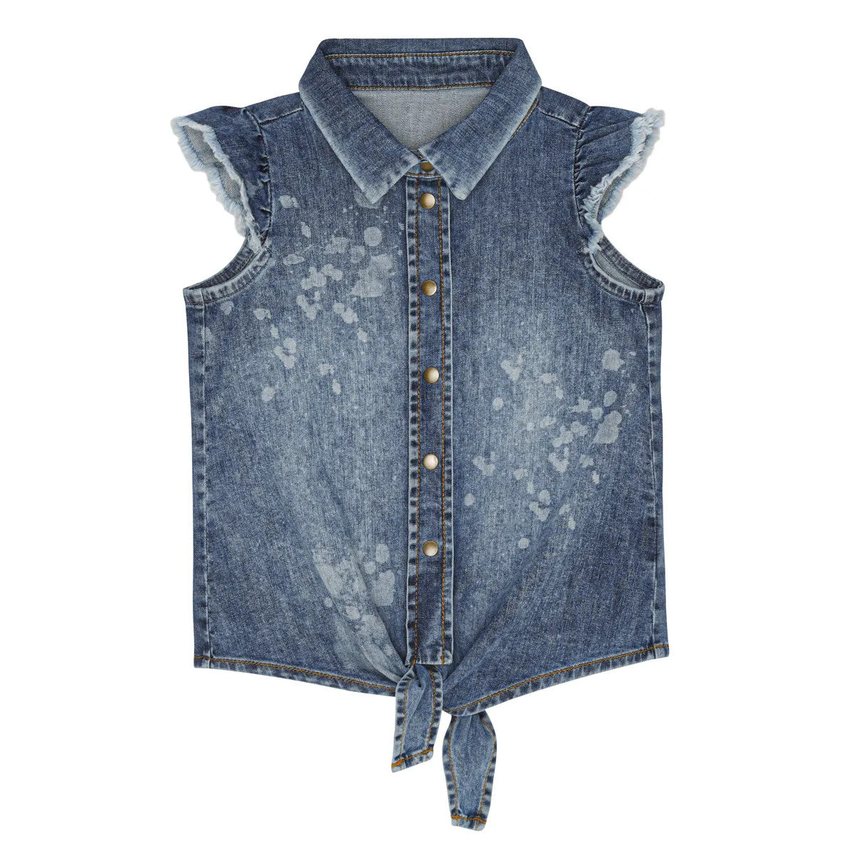 Little Hedonist denim with bleached stains knotted sleeveless shirt with bleached stains. Sustainable kids fashion made from our best organic cotton denim. Superfashion for girls!