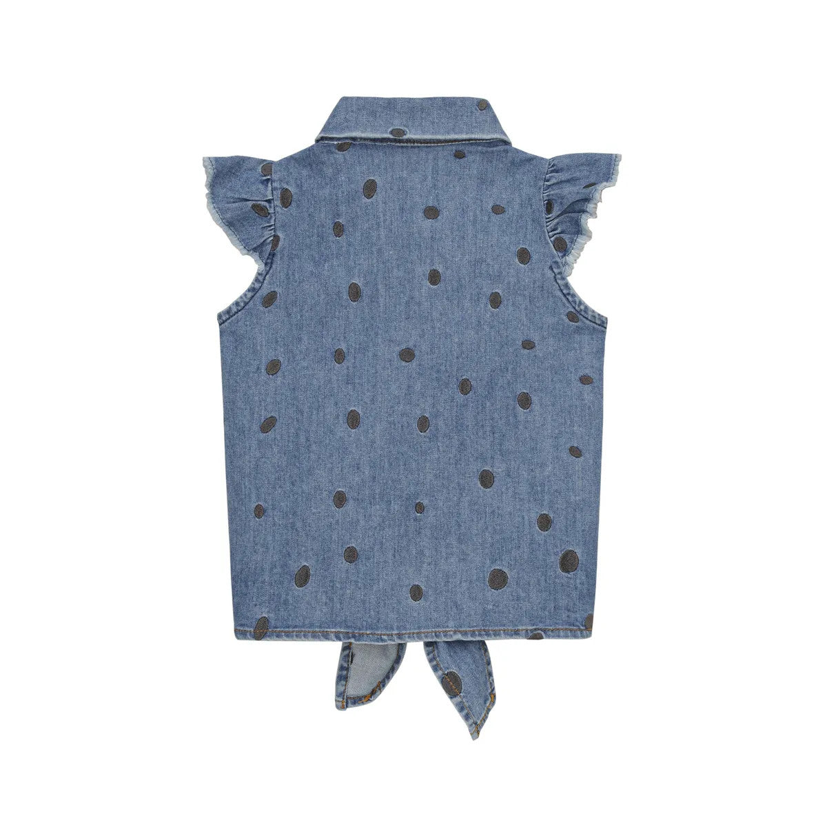Little Hedonist light blue denim knotted sleeveless shirt with bleached stains. Sustainable kids fashion made from our best organic cotton denim. Superfashion for girls!