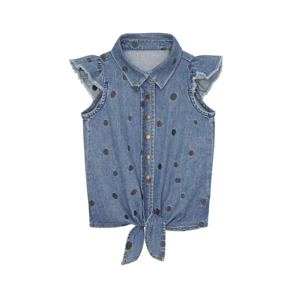 Little Hedonist light blue denim knotted sleeveless shirt with bleached stains. Sustainable kids fashion made from our best organic cotton denim. Superfashion for girls!