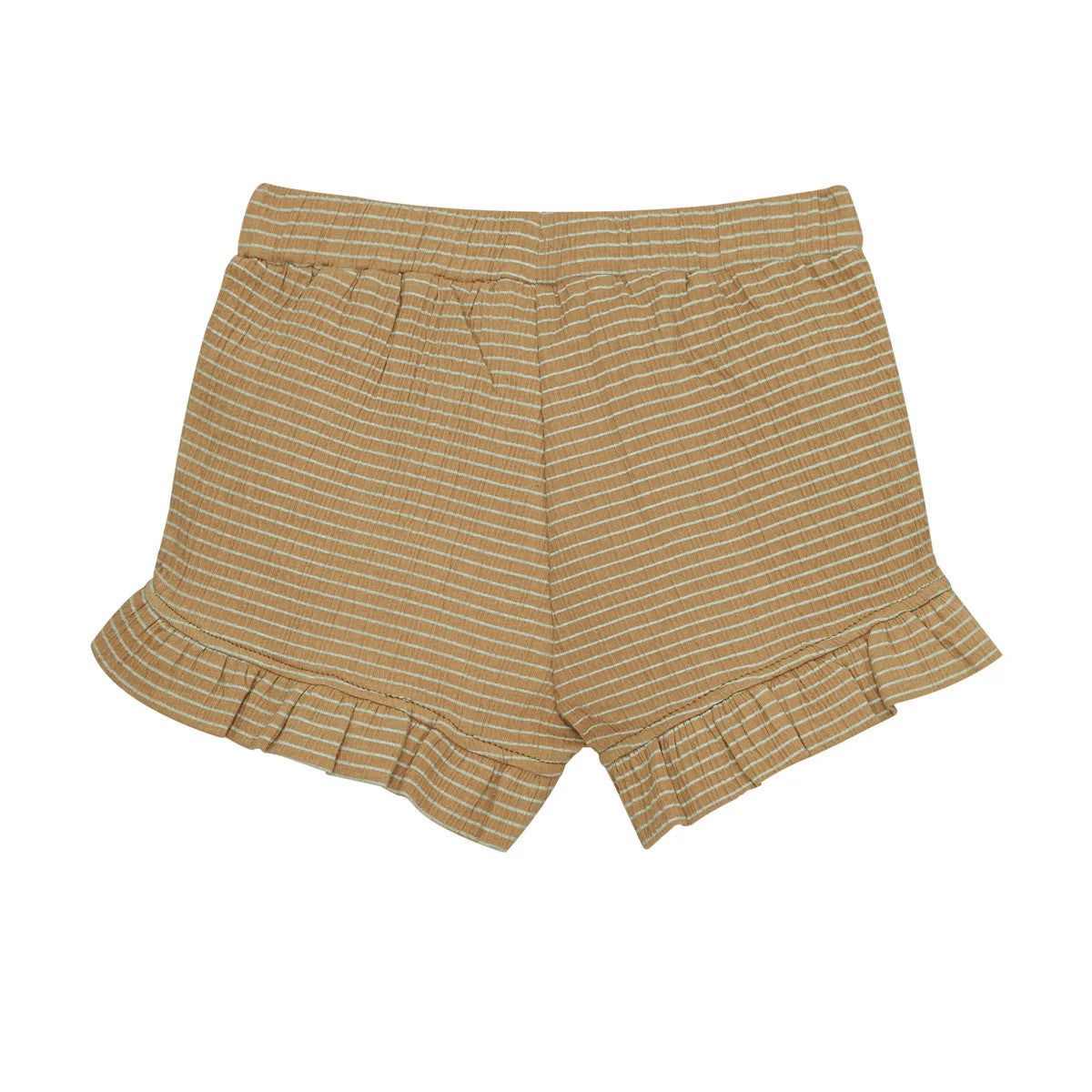 Little Hedonist ruffled short in Amber Gold almond for girls. Made from organic soft muslin. Sustainable kids clothing.