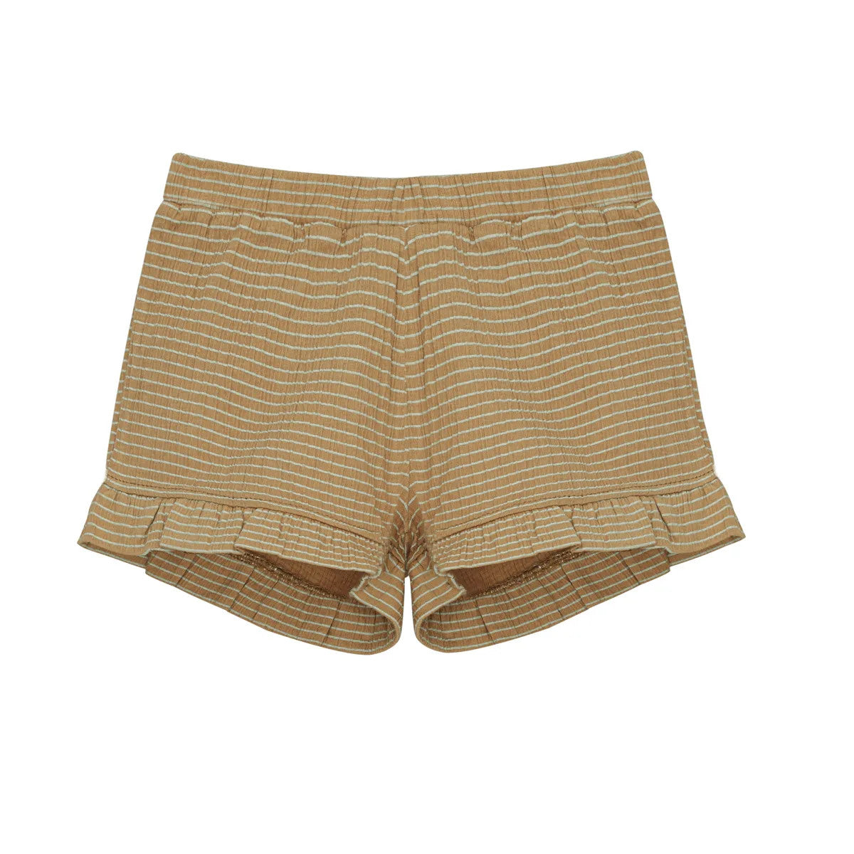 Little Hedonist ruffled short in Amber Gold almond for girls. Made from organic soft muslin. Sustainable kids clothing.