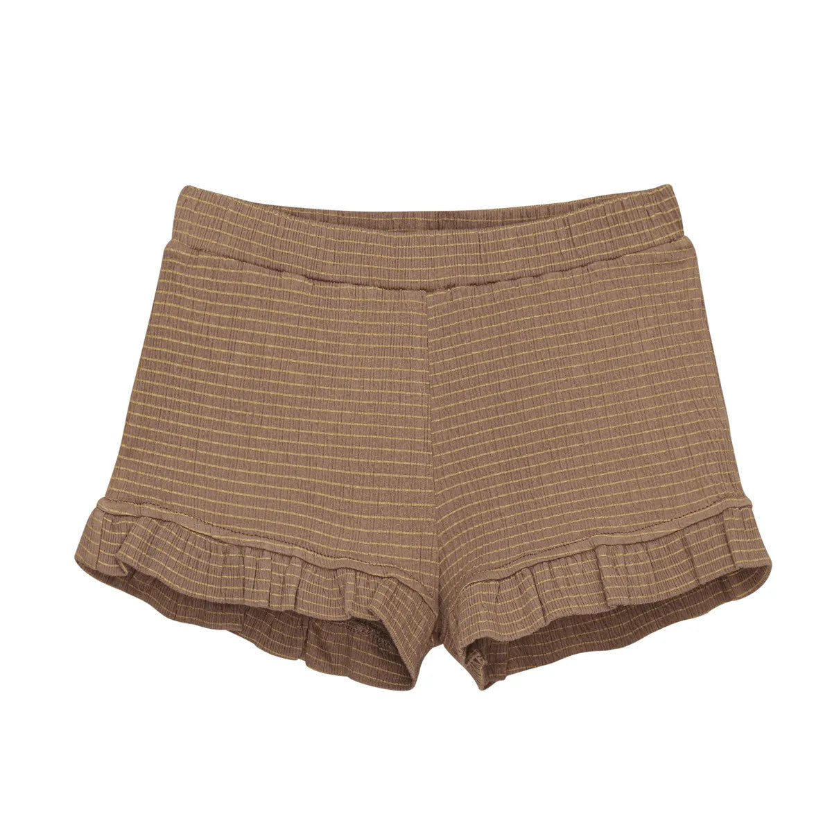 Little Hedonist ruffled short in Café au Lait for girls. Made from organic soft muslin. Sustainable kids clothing.
