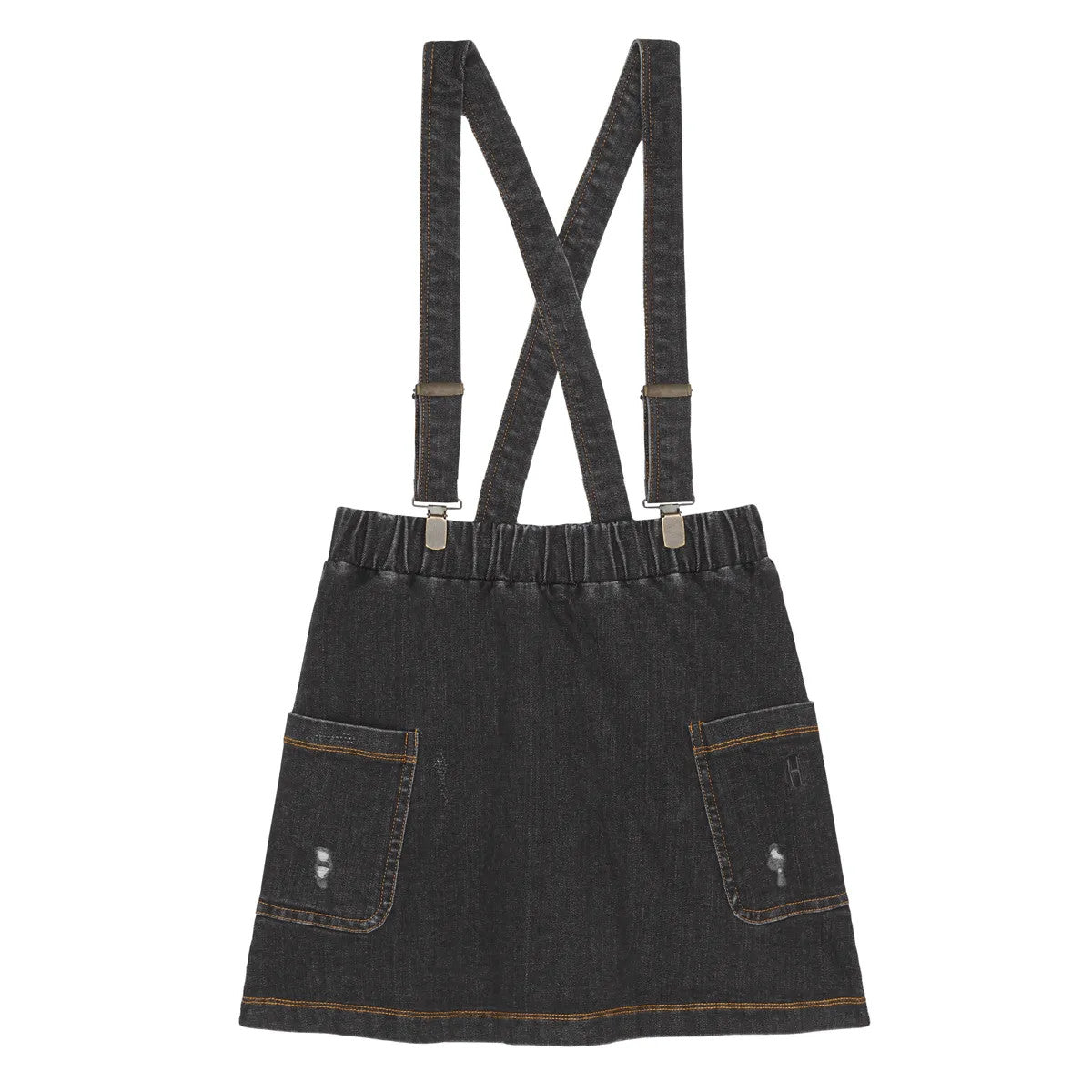 Little Hedonist comfortable, yet fancy, Black Denim dress with suspenders, to be worn for any occasion. Organic kids fashion.