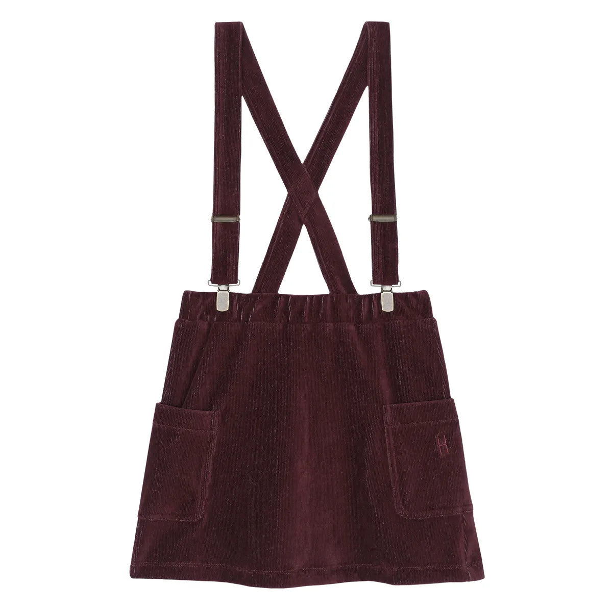 Little Hedonist comfortable, yet fancy, wine-colored dress with suspenders, to be worn for any occasion. Organic kids fashion.