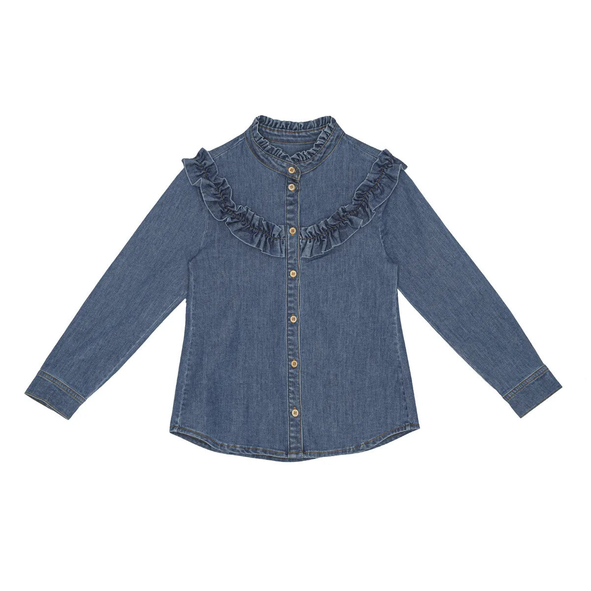 Little Hedonist slim fit blue shirt with ruffles in front and back. Super girly and though at the same time!