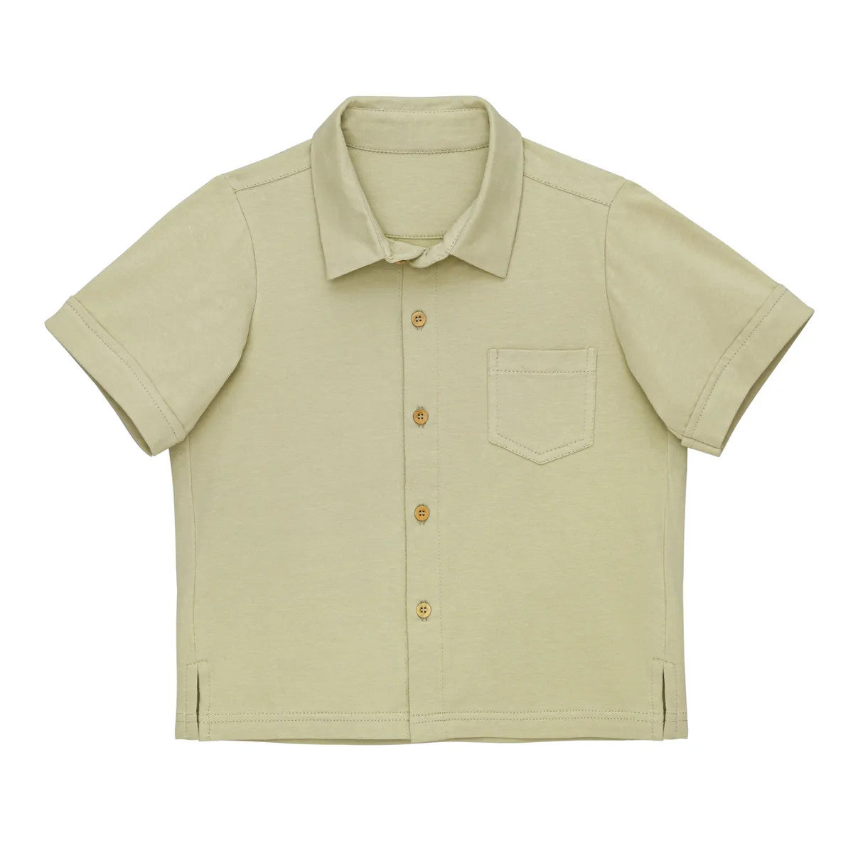 Super Little Hedonist soft beige organic button down shirt for boys and girls. Sustainable unisex kids clothing made from organic cotton.