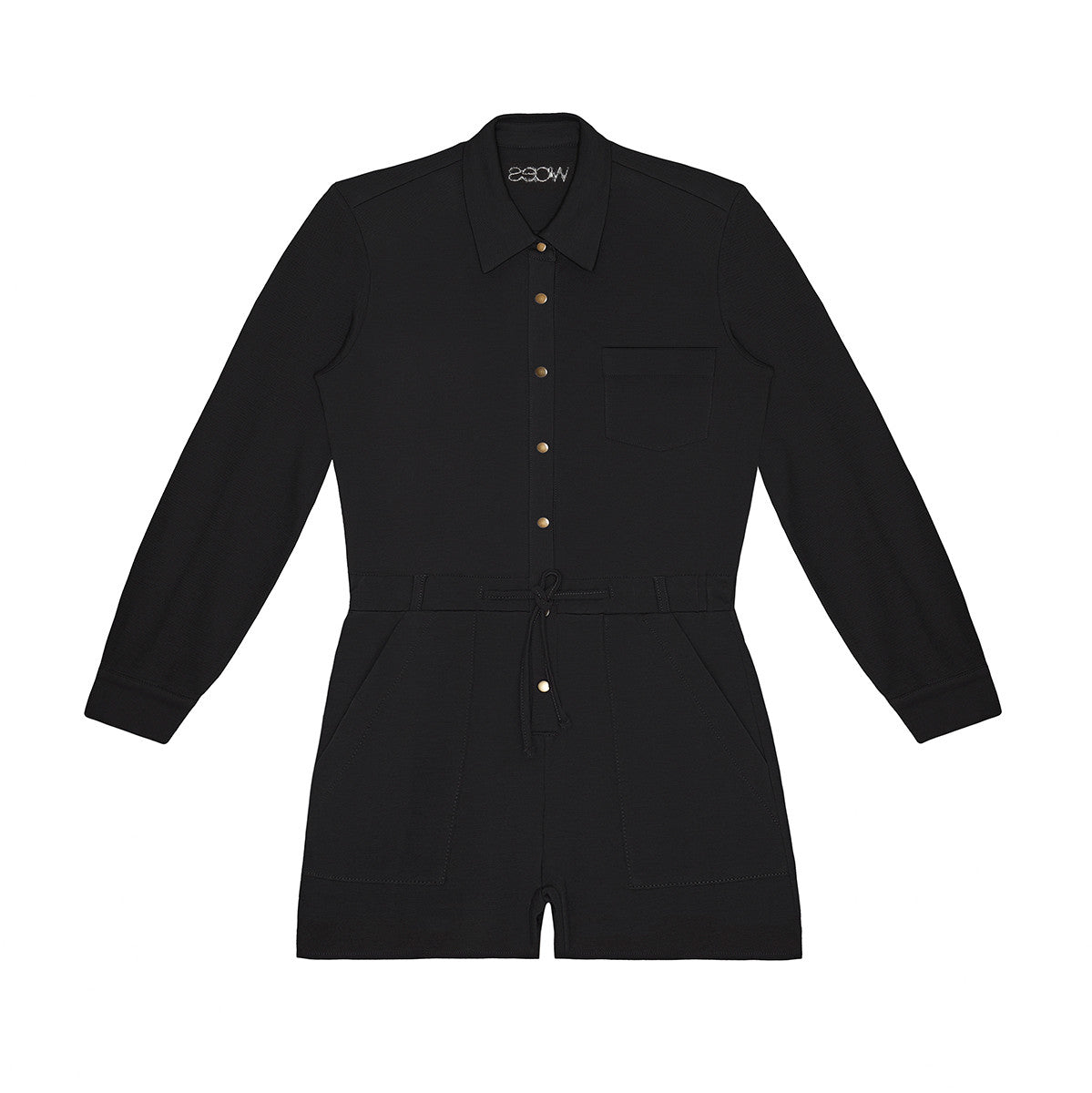 The Little Hedonist black denim playsuit has a lapel collar and shirt sleeves. Casual but office appropriate contemporary-chic at the same time. Pockets in front and in the back. Metal buttons as a closure on the front.