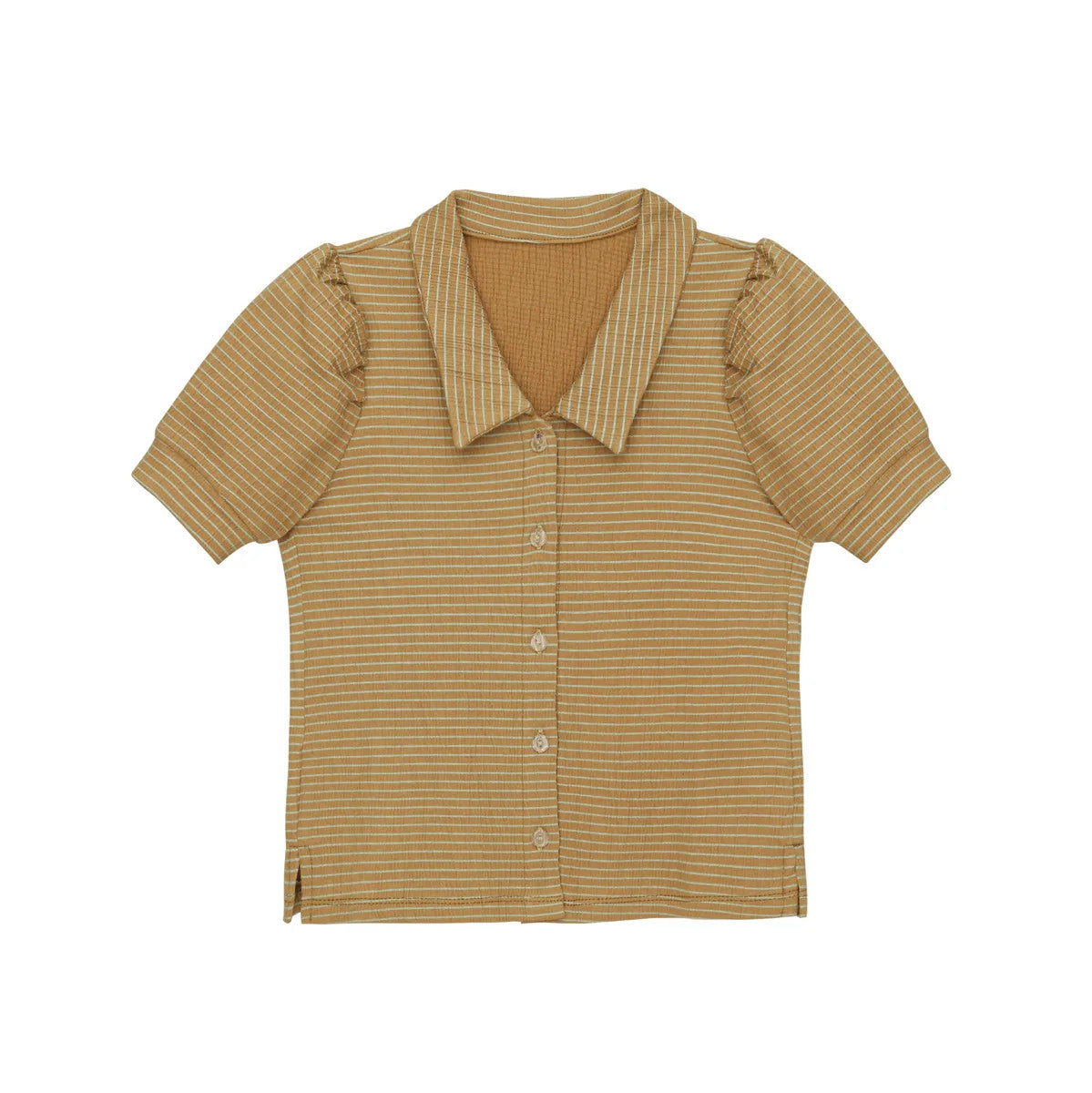 Little Hedonist puff sleeve blouse in Amber Gold for girls. This button down shirt is made from organic cotton. Sustainable kids clothing.