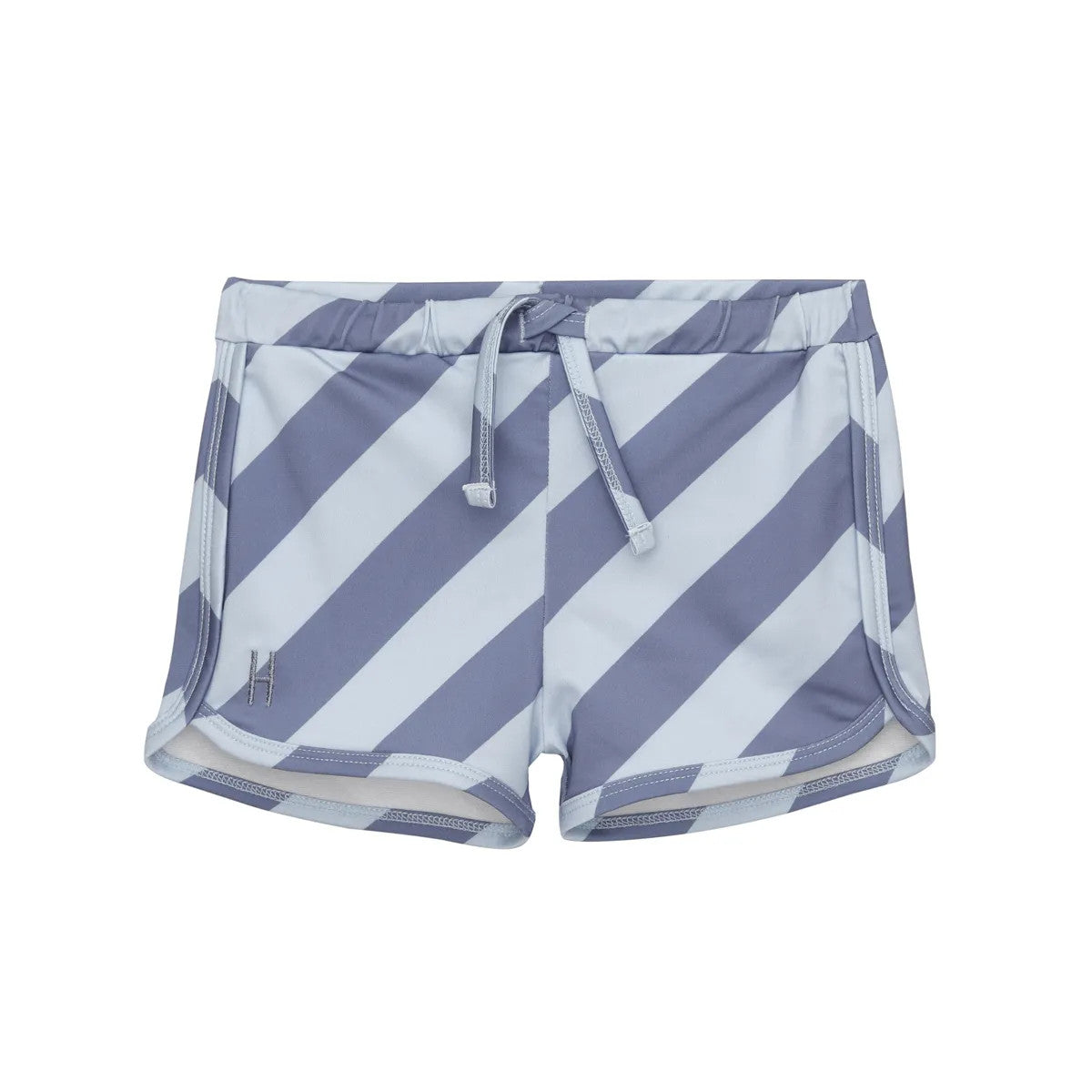 Little Hedonist unisex swim shorts made of recycled polyamide, with diagonal blue stripes