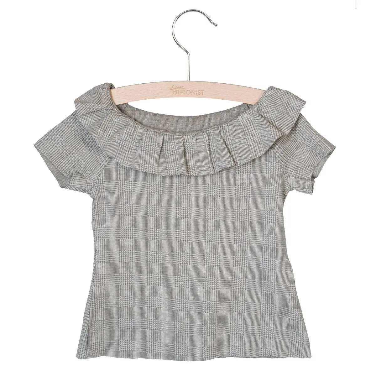Little Hedonist Jacquard Beige organic cotton short sleeve shirt with a ruffled neck.