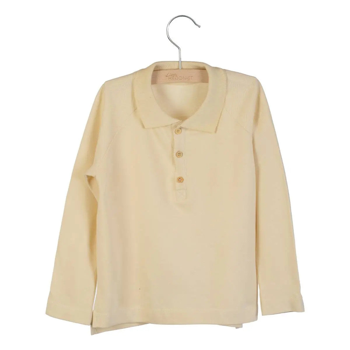 Little Hedonist organic beige longsleeve polo shirt with collar and buttons on the front.