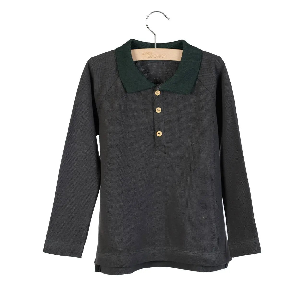 Little Hedonist organic dark grey longsleeve polo shirt with collar and buttons on the front.