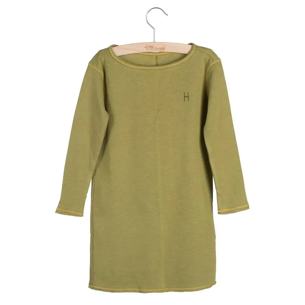 Little Hedonist organic long-sleeve cotton dress for all seasons in Olive Drab Golden Spice