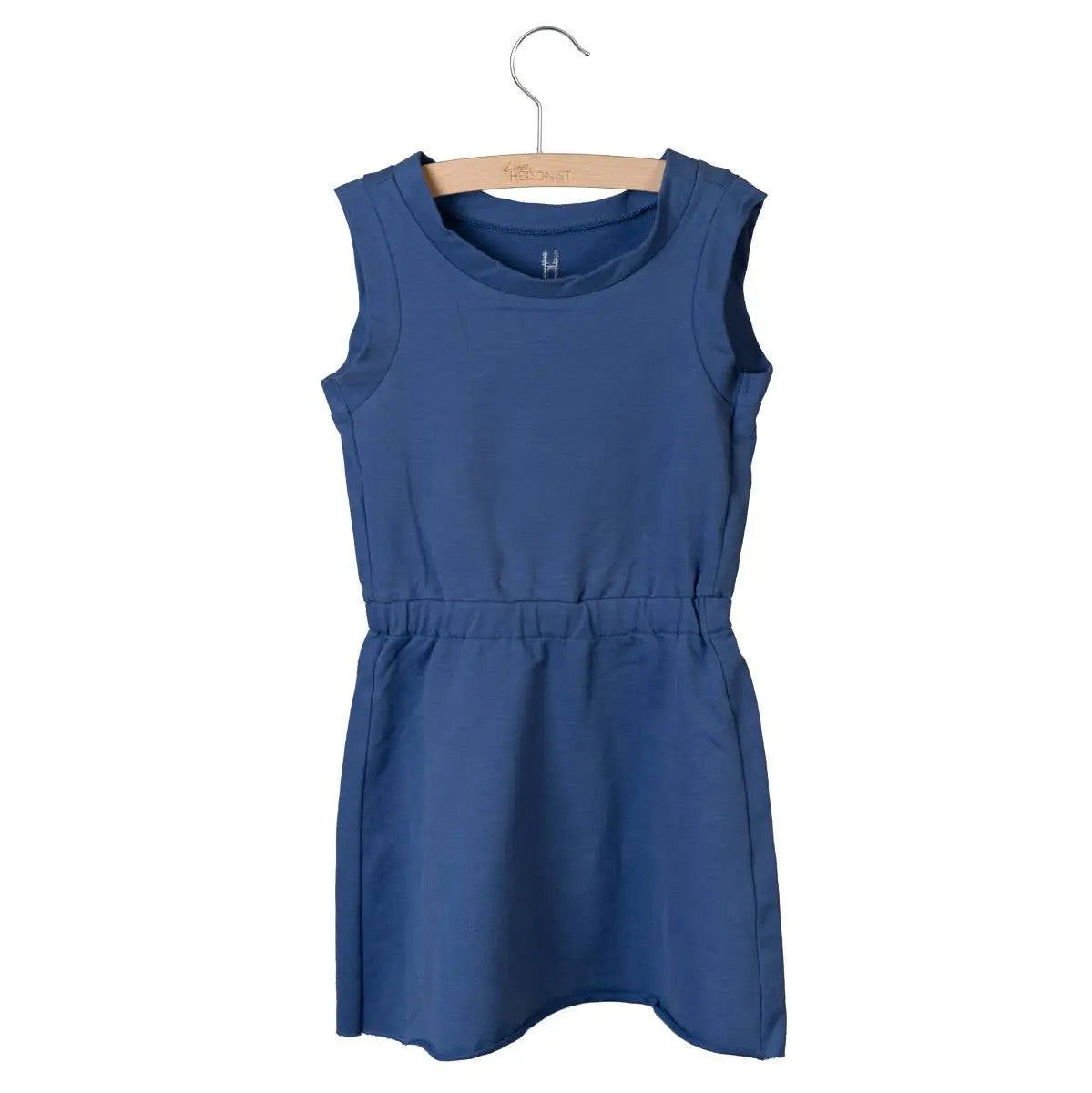 Little Hedonist navy blue sleeveless dress in organic cotton terry cloth. For the little girls who like to look fancy, but stay comfy